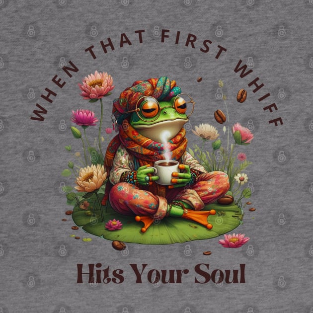When that first whiff of coffee hits your soul, boho frog design by Davis Designs